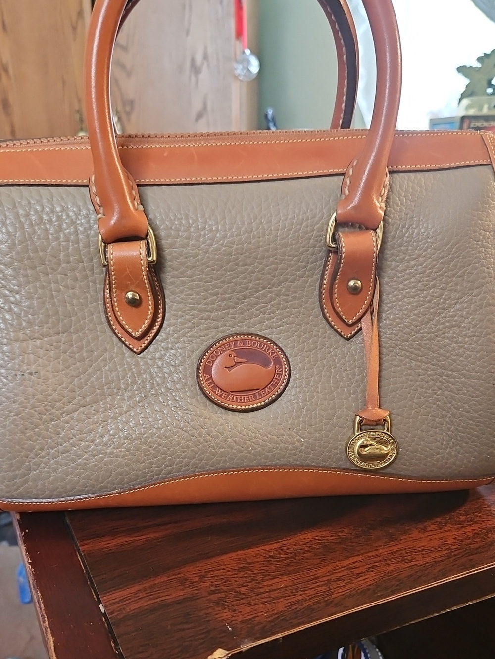 Vintage Dooney & Bourke Taupe Pebble Leather Satchel with Honey Trim